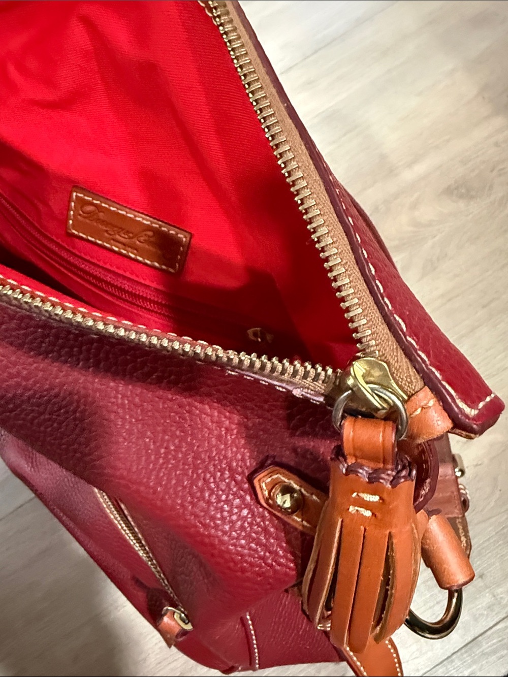 Dooney & Bourke cranberry Leather Shoulder Bag with Tan Trim - Picture 10 of 11